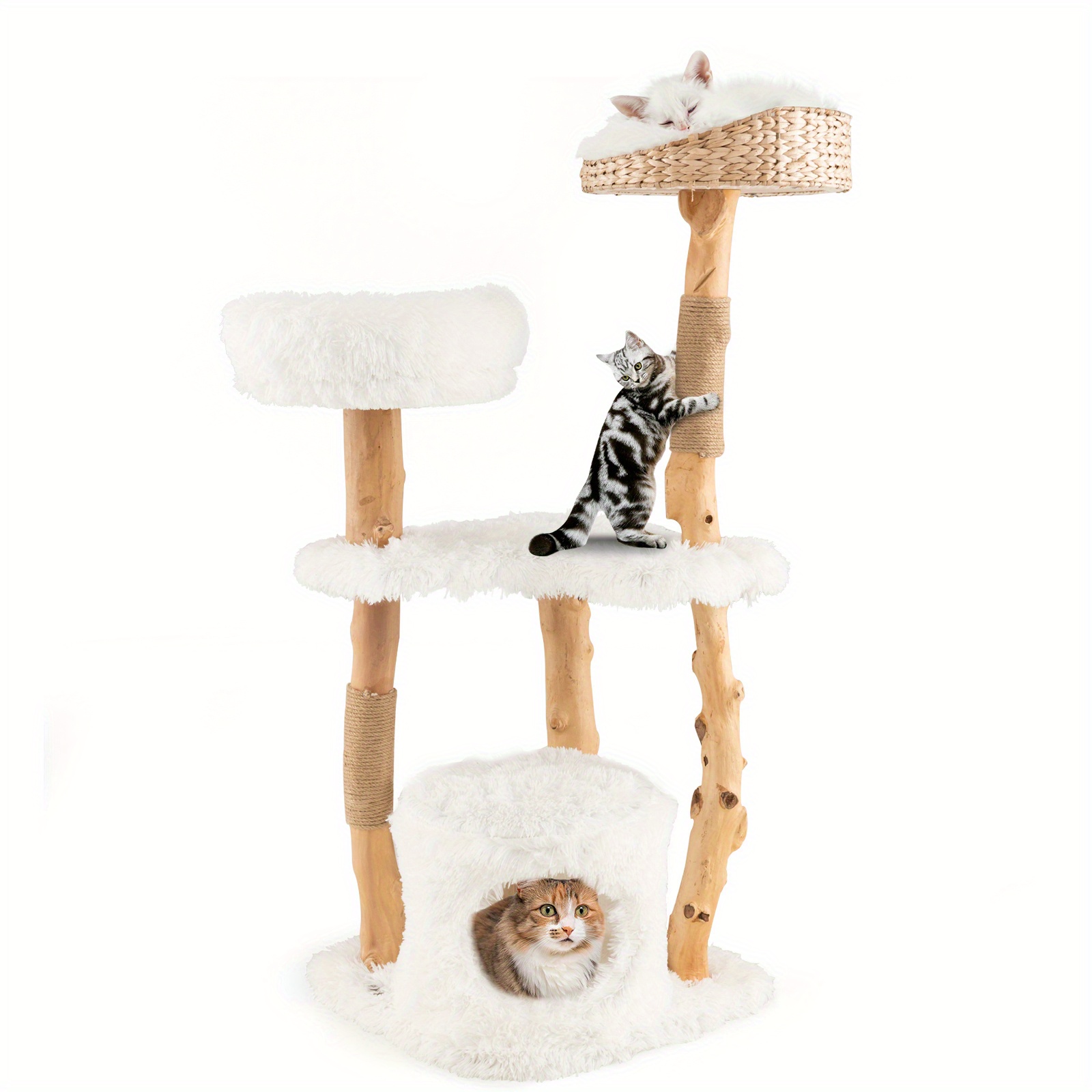 

49" Tall Wooden Cat Tree Solid Wood Cat Tower With Jute Scratching Posts