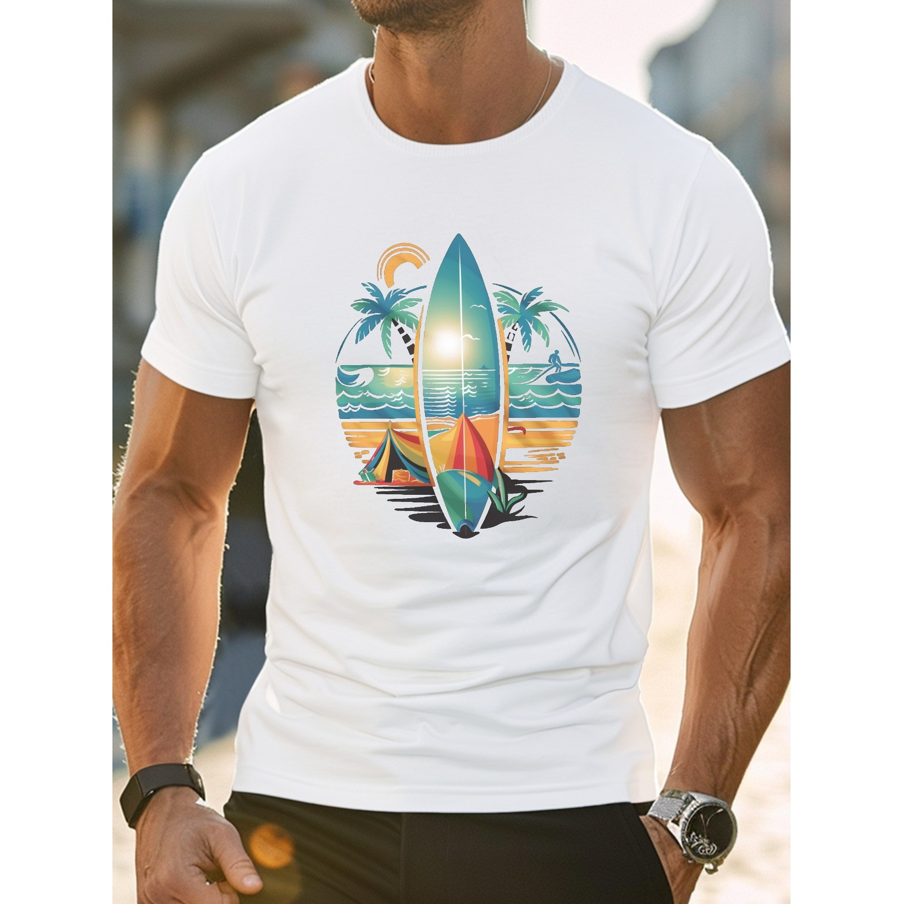 

Beautiful Summer Atmosphere Surfboard Print Men's Short Sleeve T-shirts, Comfy Casual Elastic Crew Neck Tops For Men's Outdoor Activities