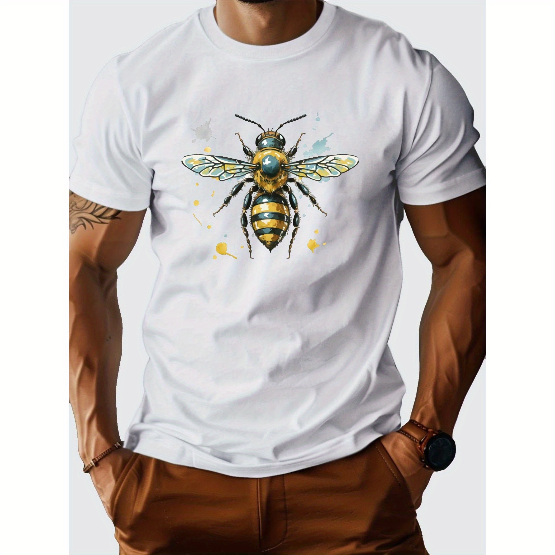 

Honeybee Watercolor Print Men's Short Sleeve T-shirts, Comfy Casual Elastic Crew Neck Tops For Men's Outdoor Activities