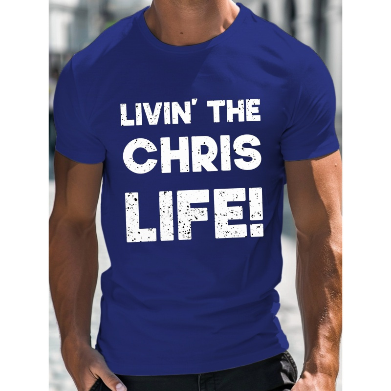 

White Retro Style Letters Chris Life Print, Men's Round Crew Neck Short Sleeve Casual T-shirt & Comfy Lightweight Top For Summer Daily Commute