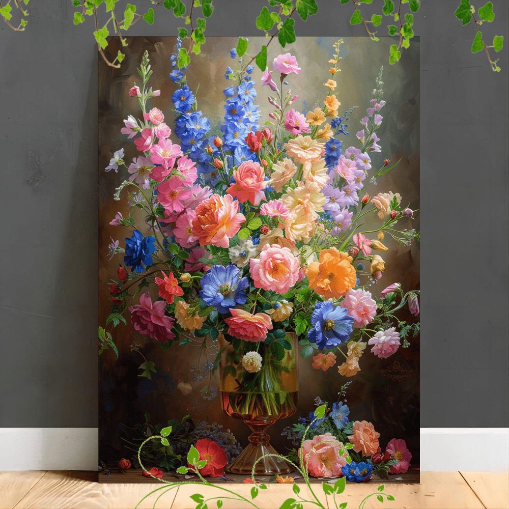 

1pc Wooden Framed Canvas Painting Realistic Classic Still Life Colorful Flowers Roses Delphiniums Vase Detailed Digital Painting -artwork Very Suitable For Office Corridor Home Living Room Decoration