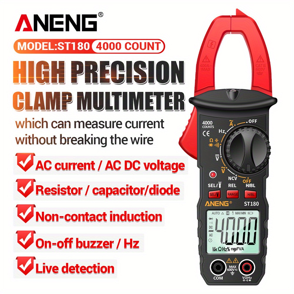 

Aneng St180 Digital Clamp Meter - 4000 Counts, Ac/dc Voltage & Current Tester With Auto-ranging, Resistance, Capacitance, Frequency, And Ncv Features