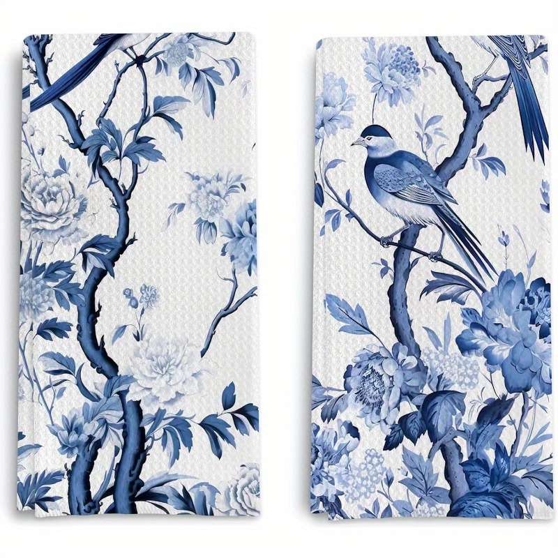 

2-piece Woven Polyester Blend Dish Towels – Contemporary Fantasy Themed Kitchen Towels With Wildflower & Bird Design, Super Soft Waffle Weave, Machine Washable – 18x26 Inches Oblong Dish Cloths