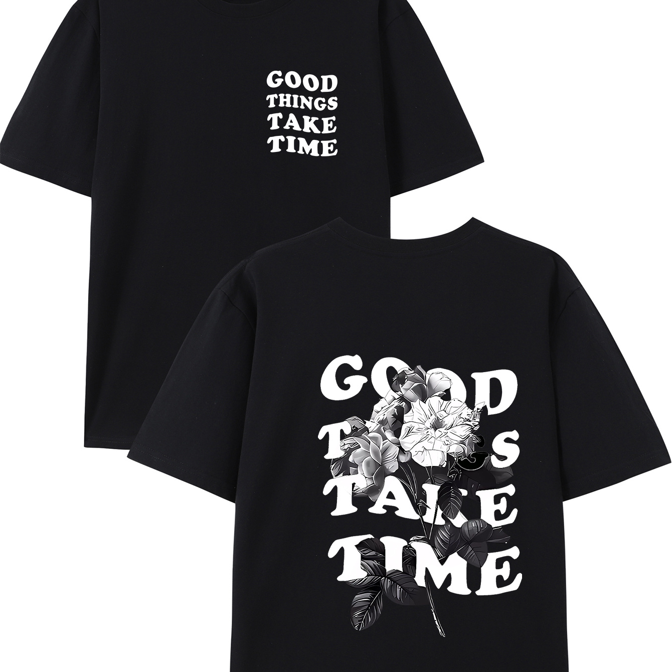

Men's Cotton T-shirts With Positive Message, "good Things Take Time" Print, Comfortable Round Neck, Casual Style