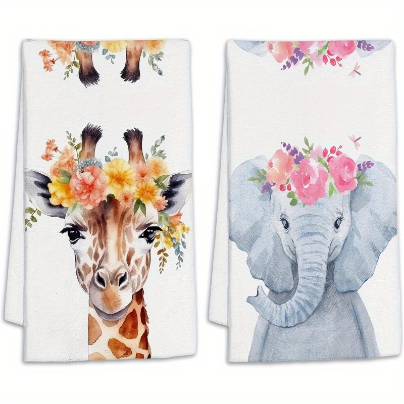 

2-piece Set Of Cute Elephant And Giraffe Kitchen Towels: 18" X 26", Machine Washable, Soft, Animal Print, Contemporary Design, Perfect For Cooking And Baking