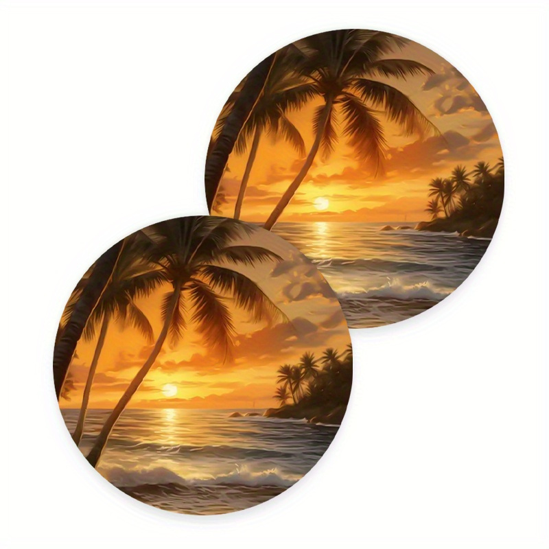 Summer Beach Sunset Coasters - 2, Tropical , Non-slip Car Coaster Mat, Universal Decorative Additions Wood Material