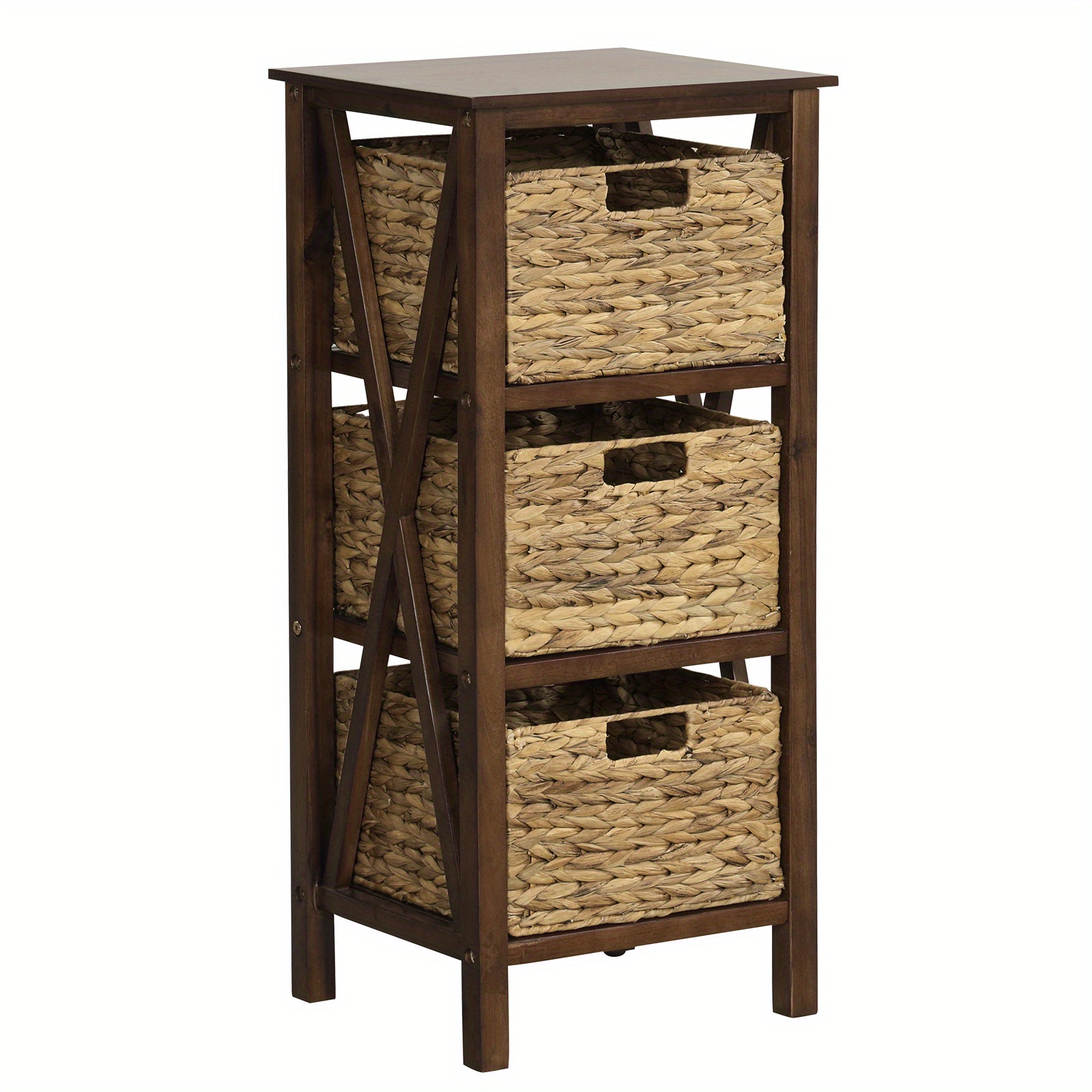 

Lifezeal 3-tier Nightstand W/3 Seagrass Baskets Rubber Wood X-shaped Frames 3 Drawers