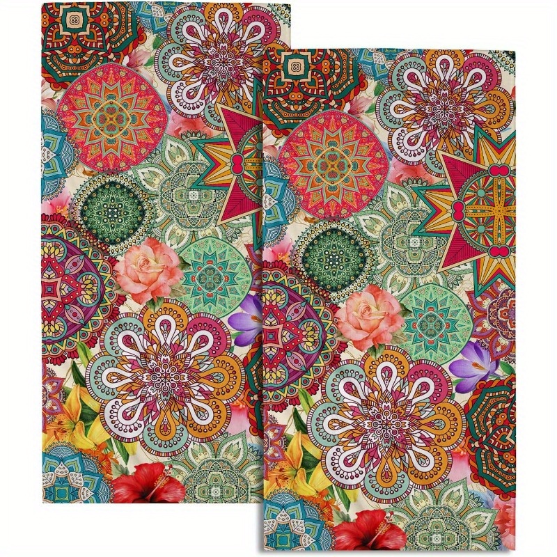 

2pcs Bohemian Mandala Kitchen Towels - Quick-dry, Absorbent Polyester, Vintage For Home, Gym, Yoga - Machine Washable, 18x26 Inches