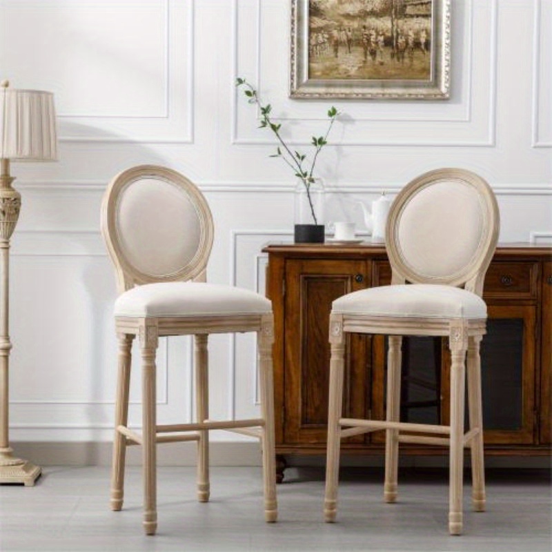 

French Country Barstools With Upholstered Seating, Beige And Natural, Set Of 2