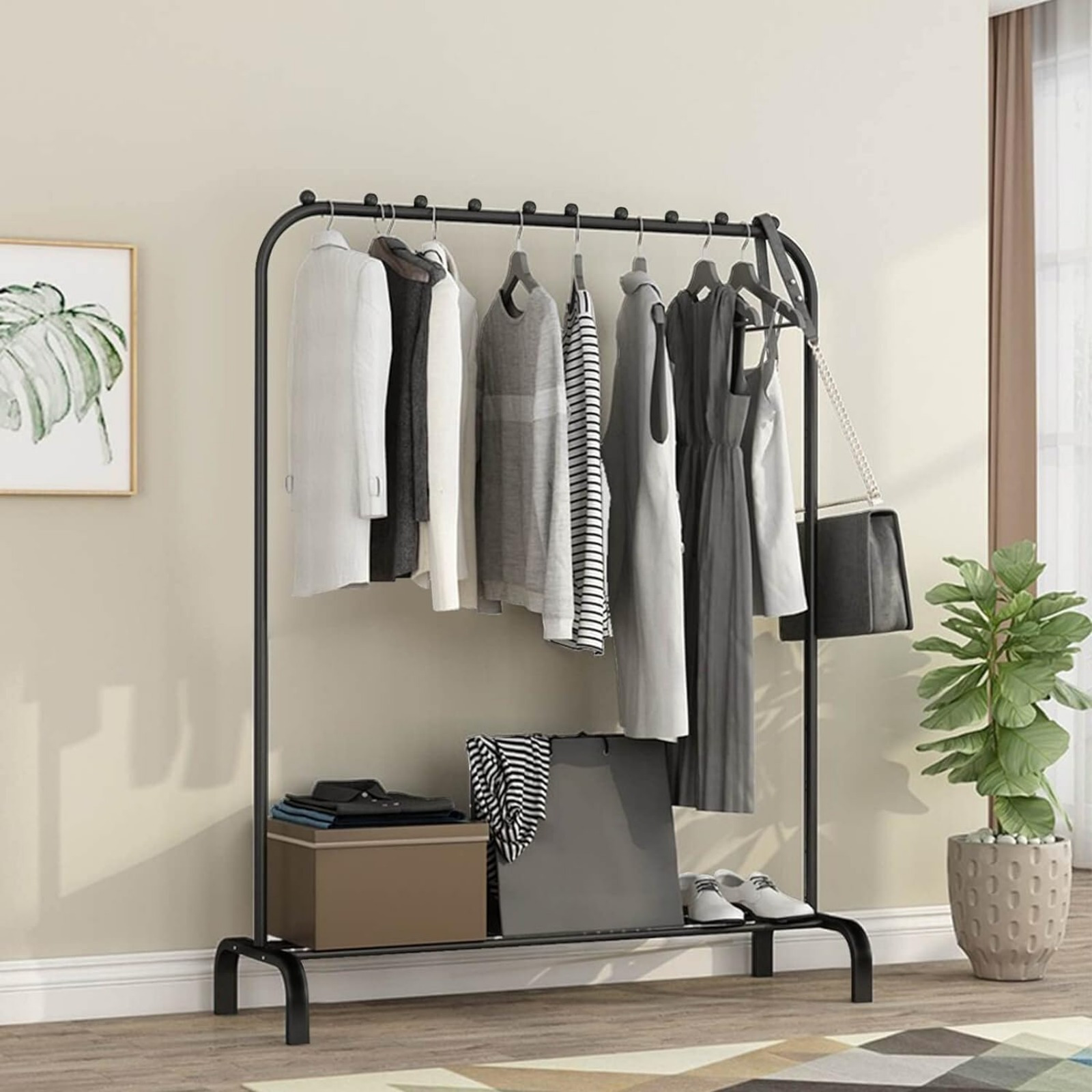 Clothes Rack Free-standing Clothes Hanger Drying Rack Metal Bedroom Clothes Rail With Lower Storage Shelf Shoe Rack Coat Rack For Bedroom 146 X 110 X 40cm (black)