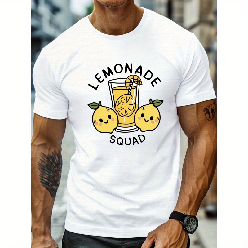 

Cute Cartoon Lemonade Squad Pattern Print Men's Crew Neck Short Sleeve Tees, Trendy T-shirt, Casual Comfortable Versatile Top For Summer