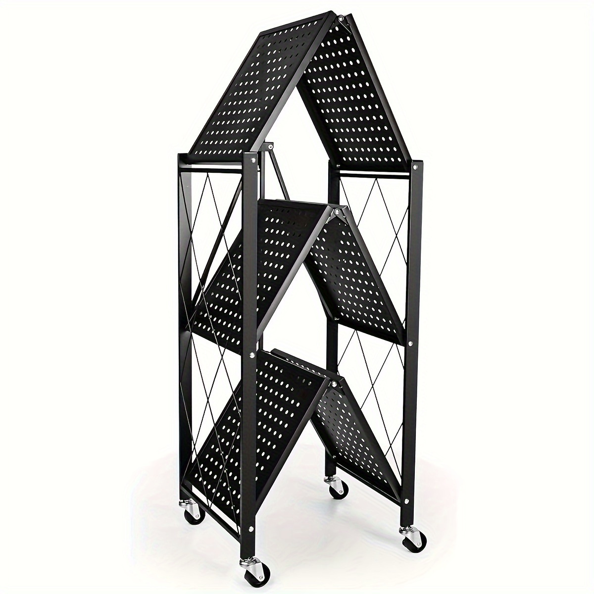 

Versatile 3-tier Heavy-duty Foldable Metal Storage Rack With Wheels - Perfect For Garage, Kitchen & Living Room Organization