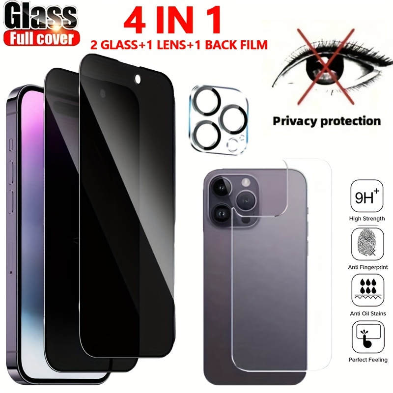 

4-in-1 Privacy Tempered Glass Lens Protection Back Film Protector For Iphone 15, 14, 13, 12, 11, Pro Max, Plus - Screen Protector With Glass Material