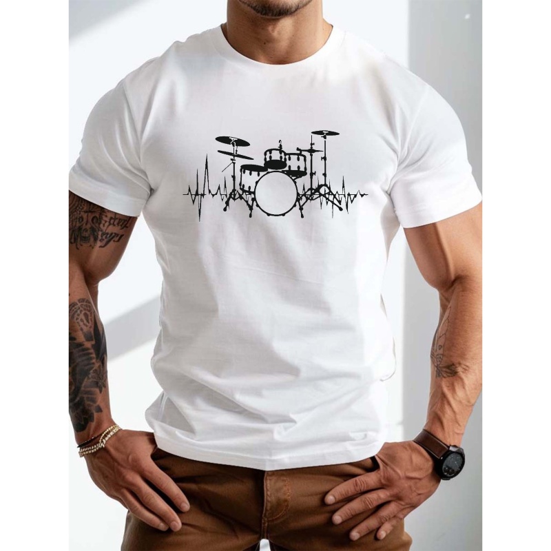 

Big & Tall Men's Summer T-shirt - Music Drum Set Graphic, Casual Short Sleeve Tee, Breathable Polyester, Machine Washable, Plus Size