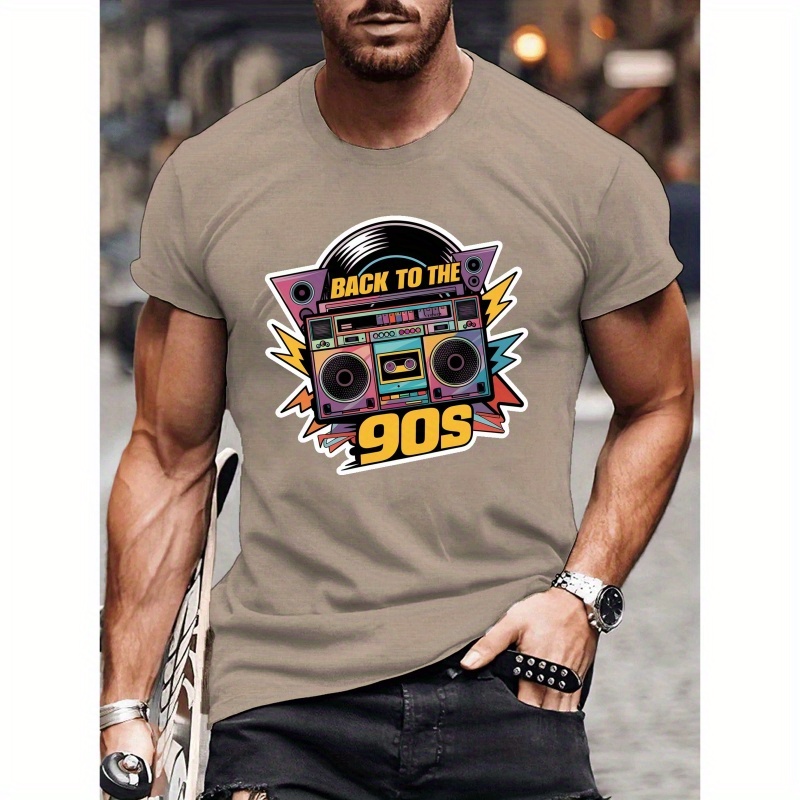 

Back To The 90s Letter Retro Boombox Graphic Print Men's Crew Neck Short Sleeve Tees, Trendy T-shirt, Casual Comfortable Versatile Top For Summer