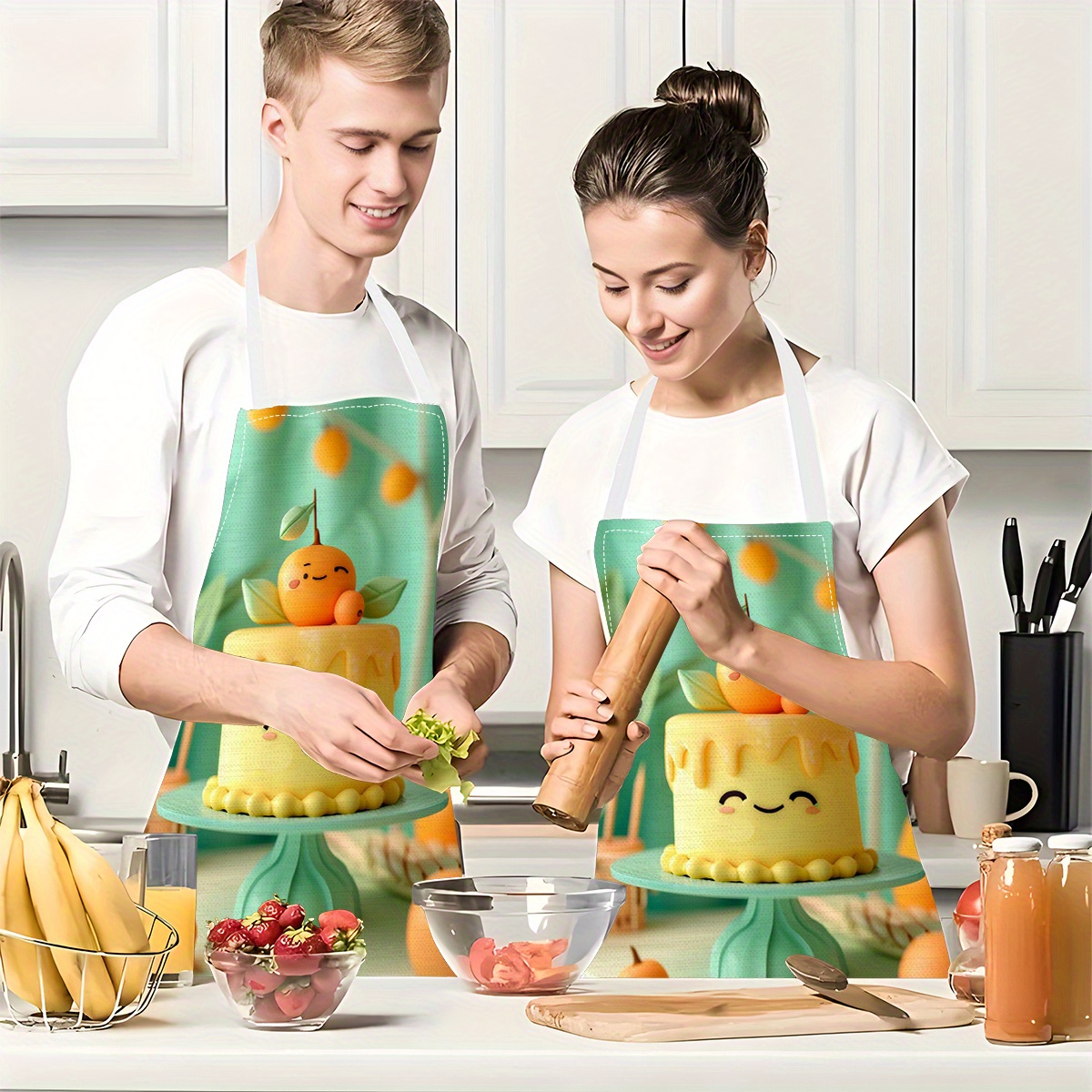 

Cute Dessert Cake Print Apron 1pc - 100% Linen Woven Kitchen Apron For Cooking, Baking, Party, Ideal For Festivals, Party Host, Home, Restaurant - Oil & Stain Resistant Linen Apron