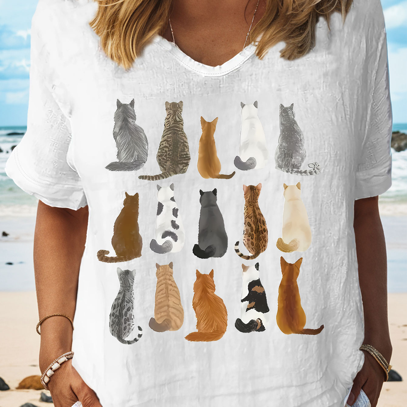 

Cats Print T-shirt, Short Sleeve V Neck Casual Top For Summer & Spring, Women's Clothing