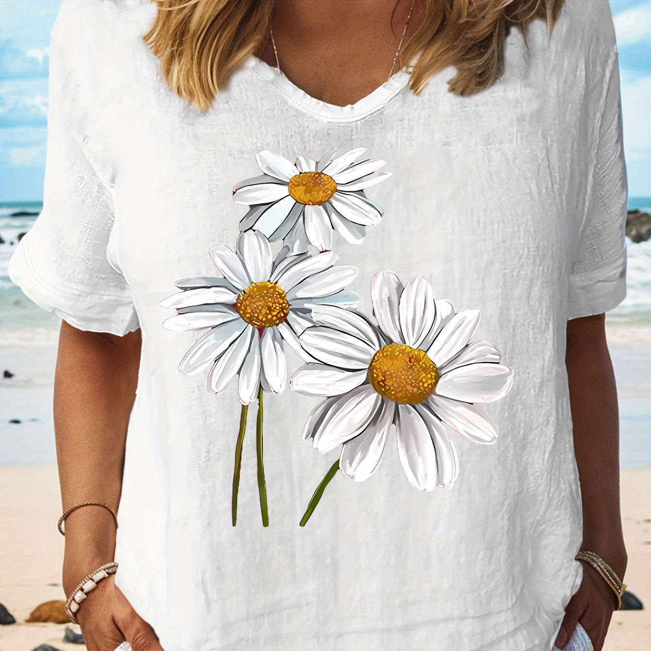 

Floral Print T-shirt, Short Sleeve V Neck Casual Top For Summer & Spring, Women's Clothing