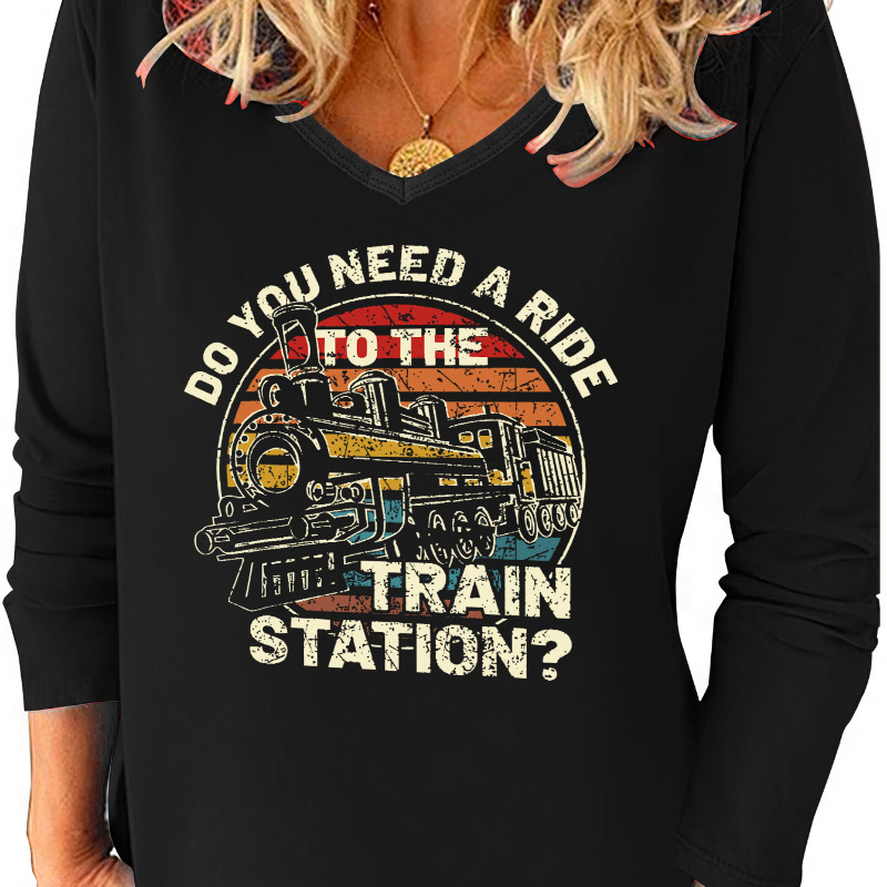 

Train Print V Neck T-shirt, Casual Long Sleeve T-shirt For Spring & Fall, Women's Clothing