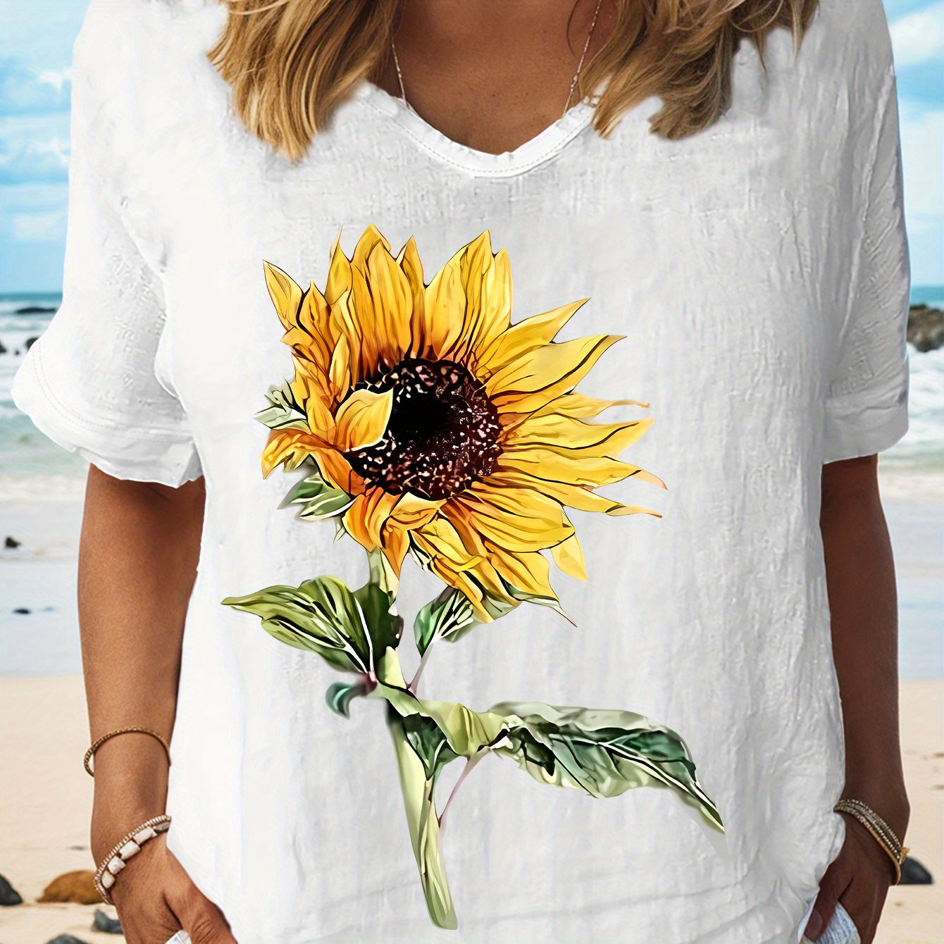 

Sunflower Print T-shirt, Short Sleeve V Neck Casual Top For Summer & Spring, Women's Clothing