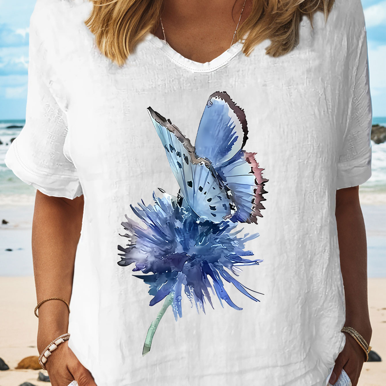 

Butterfly Print T-shirt, Short Sleeve V Neck Casual Top For Summer & Spring, Women's Clothing