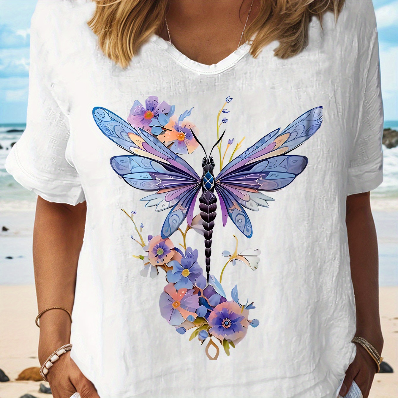 

Dragonfly Print T-shirt, Short Sleeve V Neck Casual Top For Summer & Spring, Women's Clothing