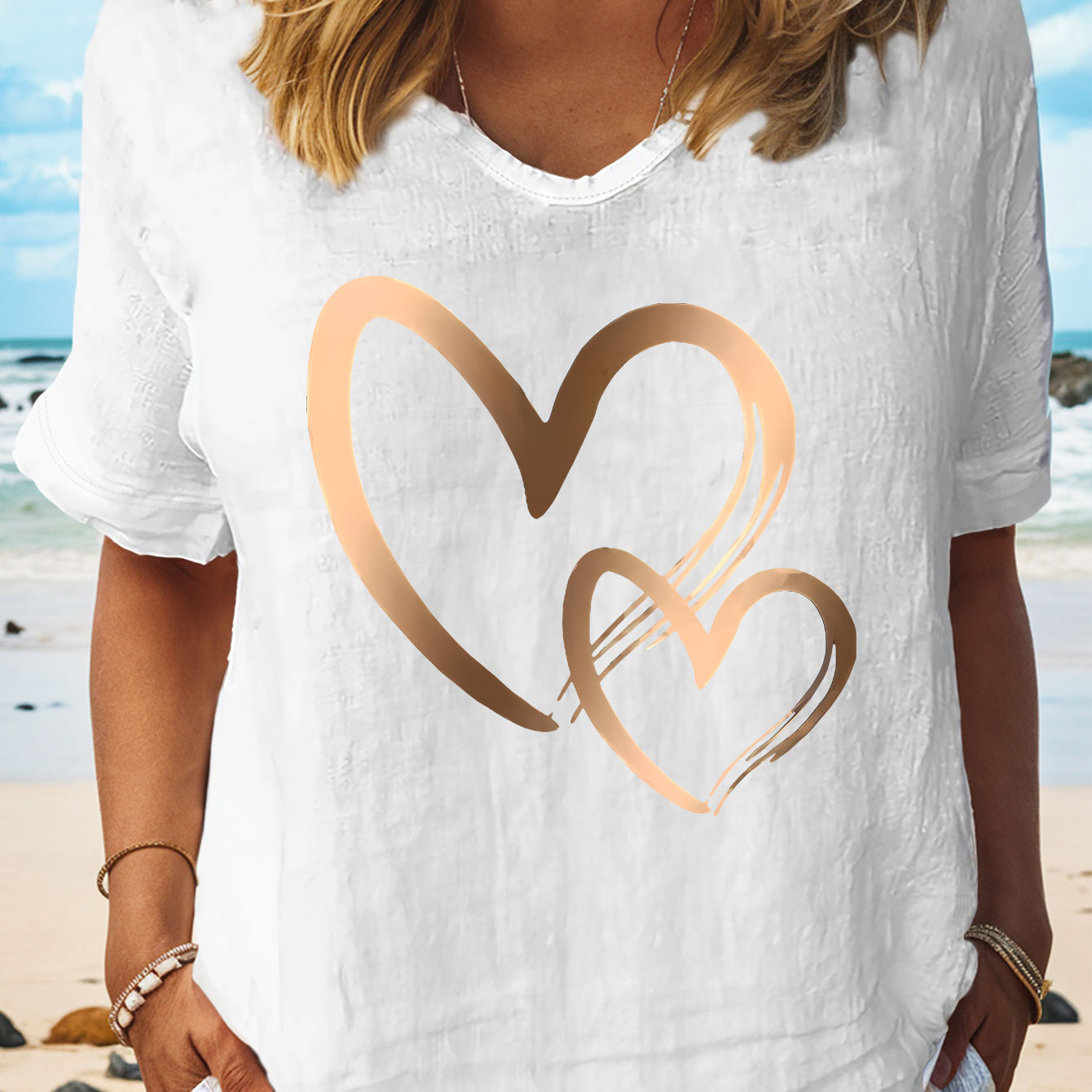 

Heart Print T-shirt, Short Sleeve V Neck Casual Top For Summer & Spring, Women's Clothing
