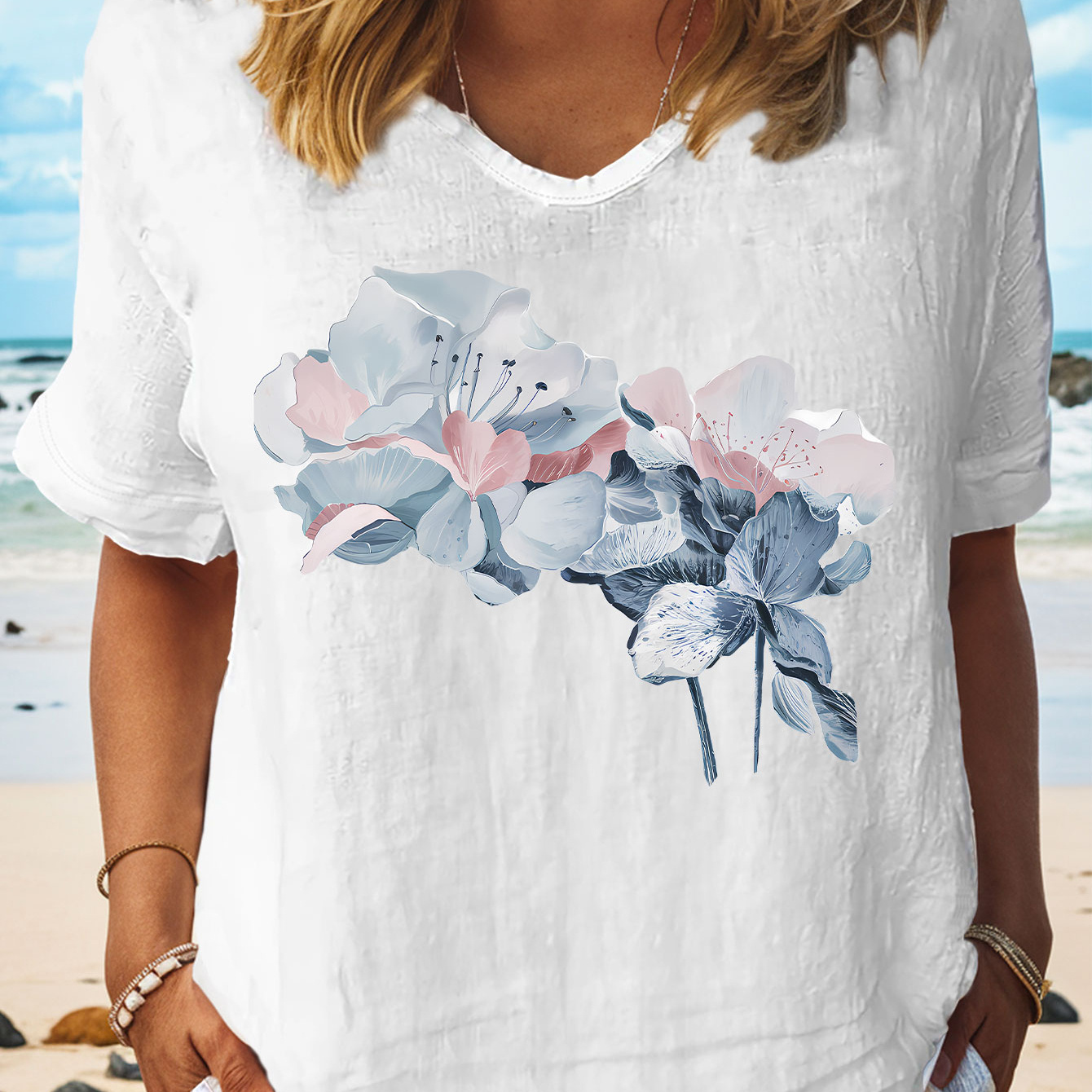 

Floral Print T-shirt, Short Sleeve V Neck Casual Top For Summer & Spring, Women's Clothing
