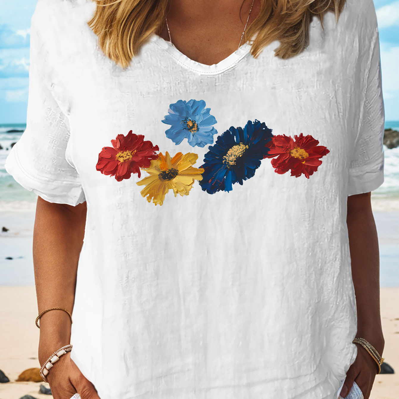 

Floral Print T-shirt, Short Sleeve V Neck Casual Top For Summer & Spring, Women's Clothing