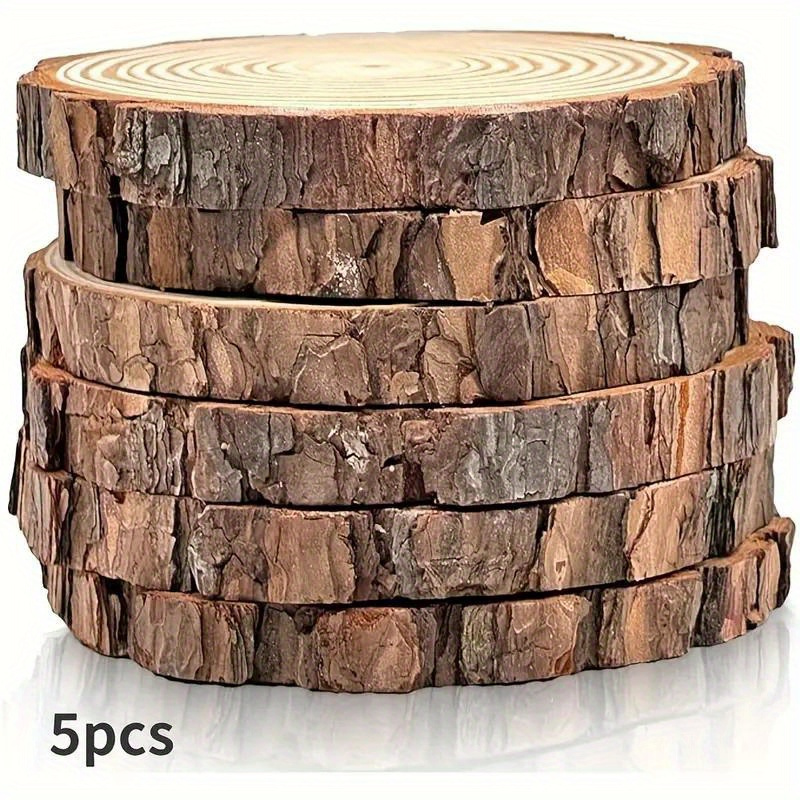 

5 Pcs Natural Wood Slices: Round Wooden Plates With Bark, Perfect For Diy Crafts, Christmas Decorations, And Rustic Wedding Decorations - Unfinished Wooden Circles