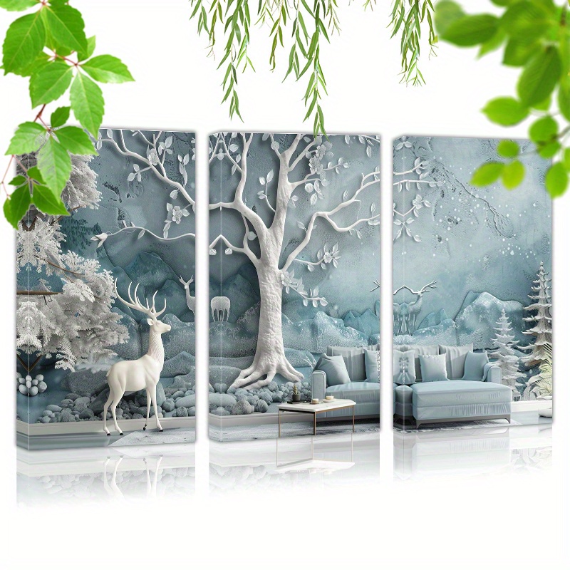 

Framed Set Of 3 Canvas Wall Art Ready To Hang 3d Elegant Grey And Light Blue Tree With White Leaves (1) Wall Art Prints Poster Wall Picrtures Decor For Home