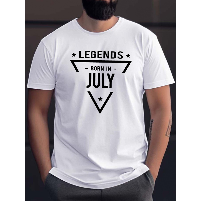 

Legends Born In July "creative Print Summer Casual T-shirt Short Sleeve For Men, Sporty Leisure Style, Fashion Crew Neck Top For Daily Wear