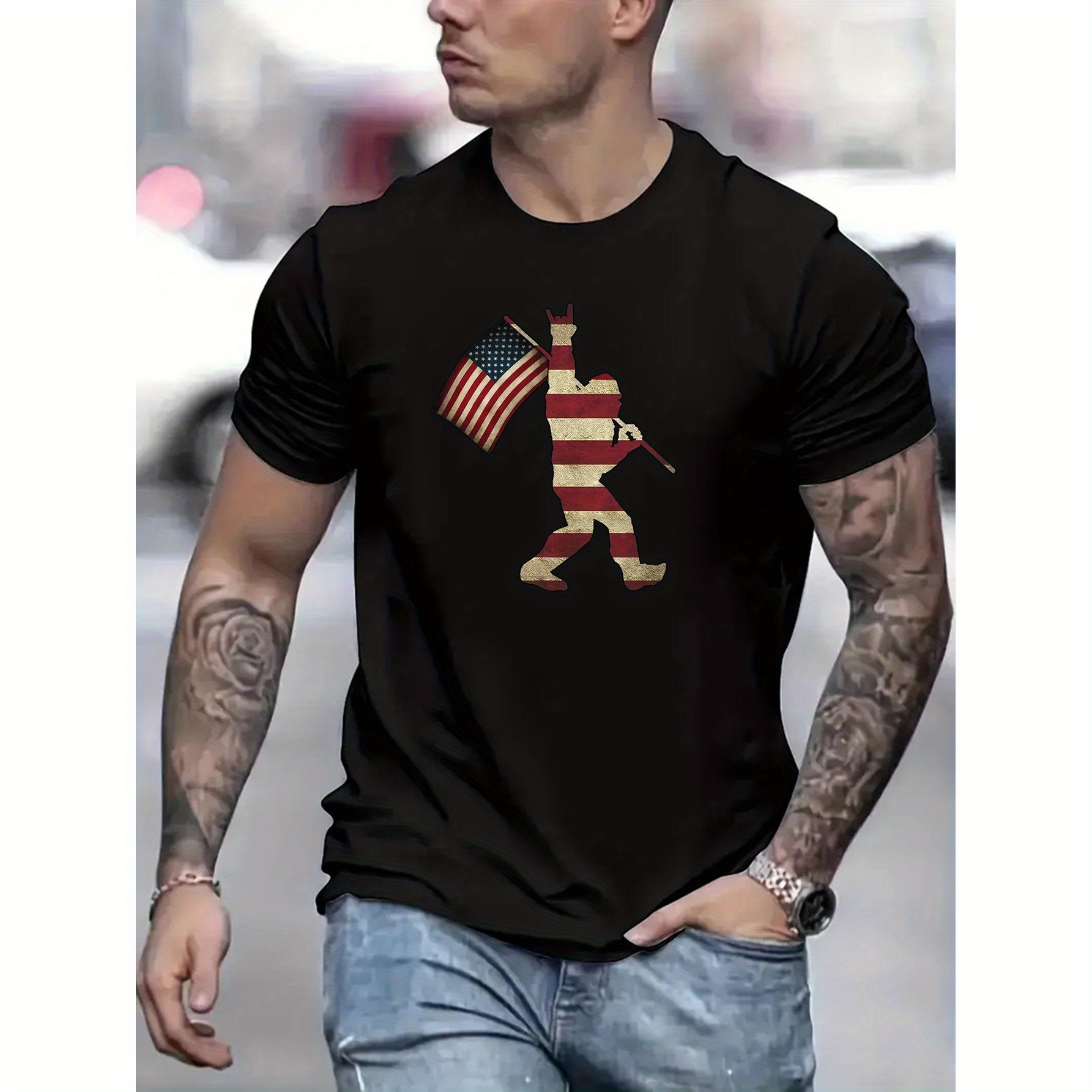 

Usa Flag Print Men's Trendy Street Style T-shirts, Casual Graphic Tee, Short Sleeve Round Neck Sports Tops, Men's Clothing For Outdoor Activities Summer