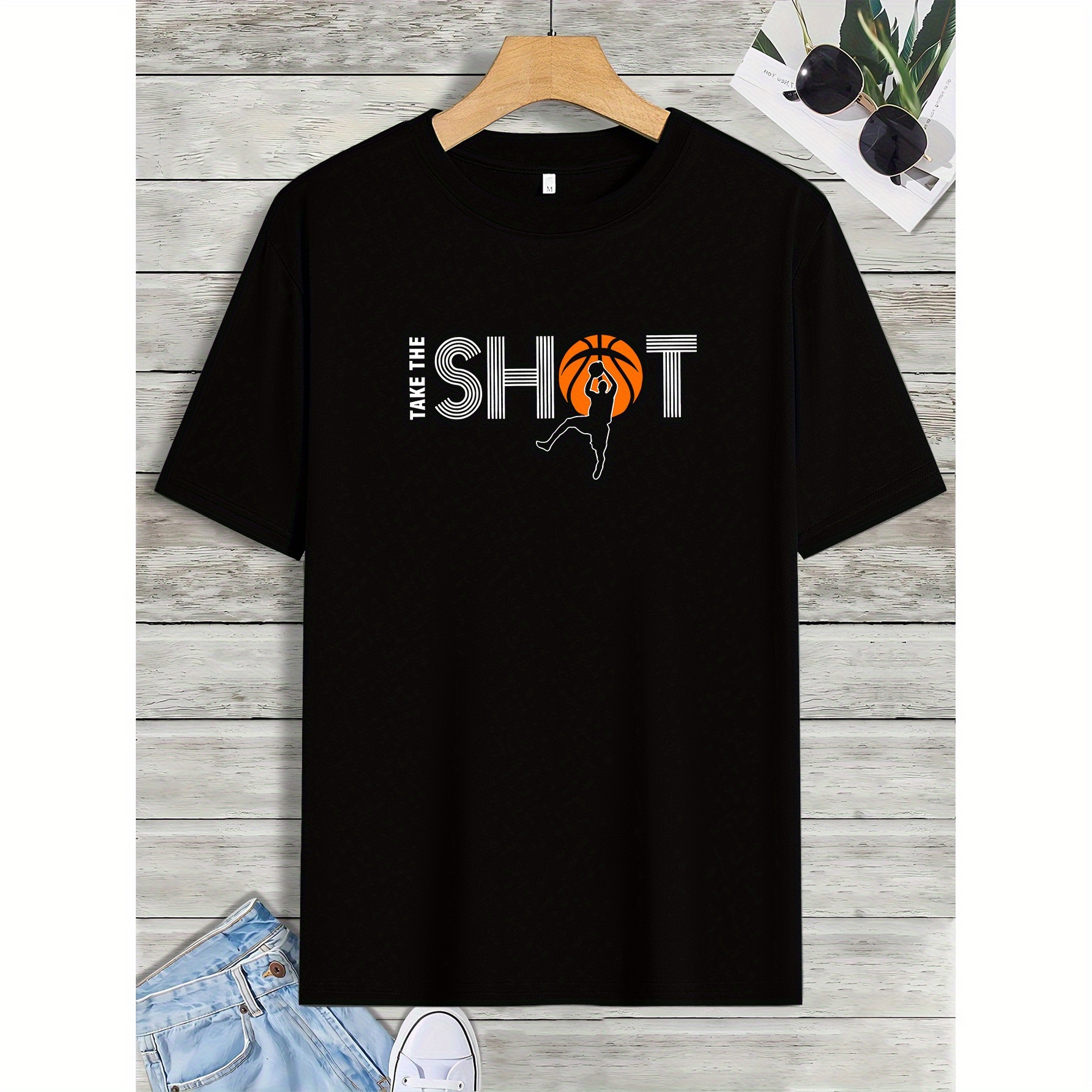 

Take The Shot " Basketball Creative Print Summer Casual T-shirt Short Sleeve For Men, Sporty Leisure Style, Fashion Crew Neck Top For Daily Wear