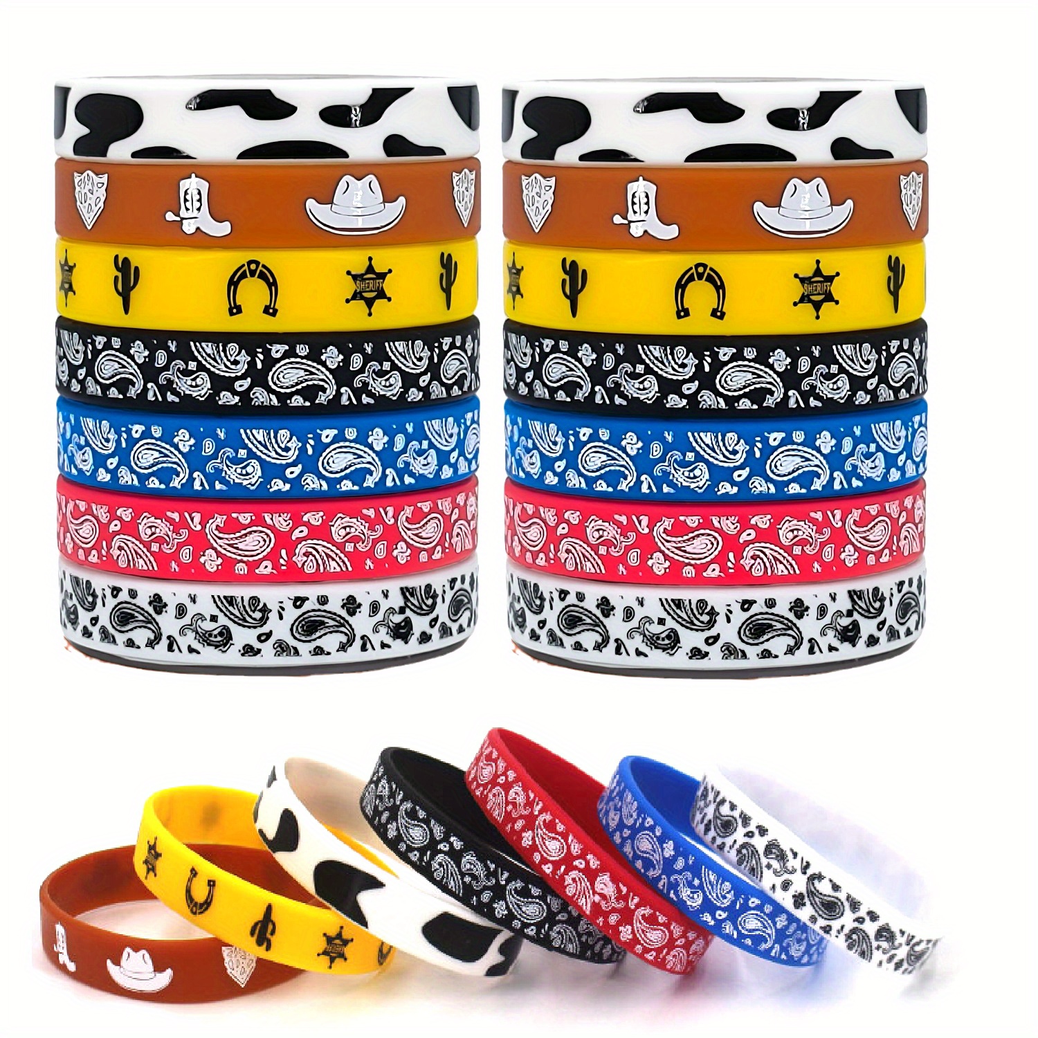 

14-piece Western Party Silicone Wristbands Set - Vibrant Stretch Bracelets For Birthday & Themed Celebrations, Assorted Colors