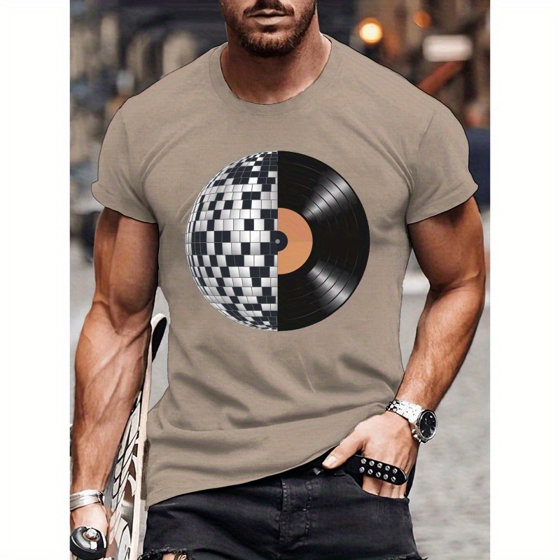 

T-shirt Homme Rétro avec Boule Disco & Disque Vinyle - Tee-shirt Décontracté à Manches Courtes pour l'Été, Polyester Respirant, Lavable en Machine