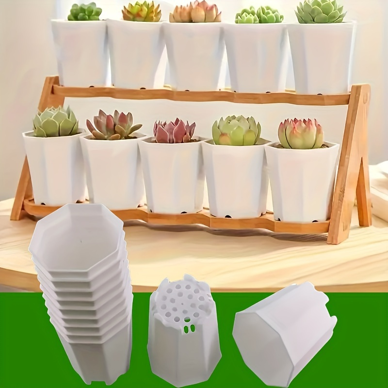 

12-pack White Octagonal Self-watering Planters With Drainage, Lightweight Plastic Succulent & Cacti Pots, Vintage Style Indoor Floor-mounted Striped Flower Containers