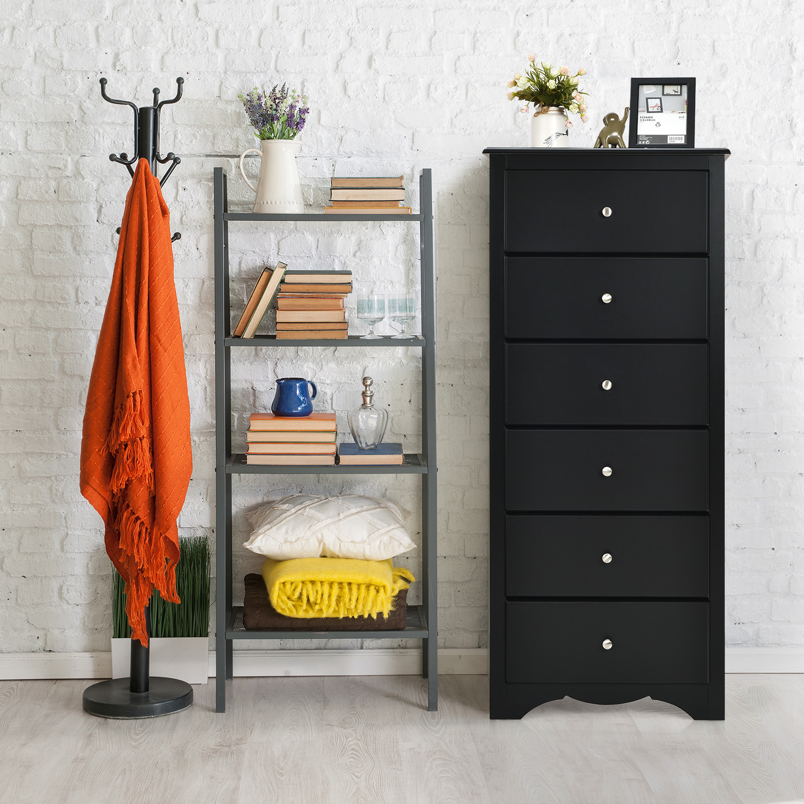 Chest of Drawers Free Standing 6 Drawers Wooden Storage Cabinet W Metal Handles