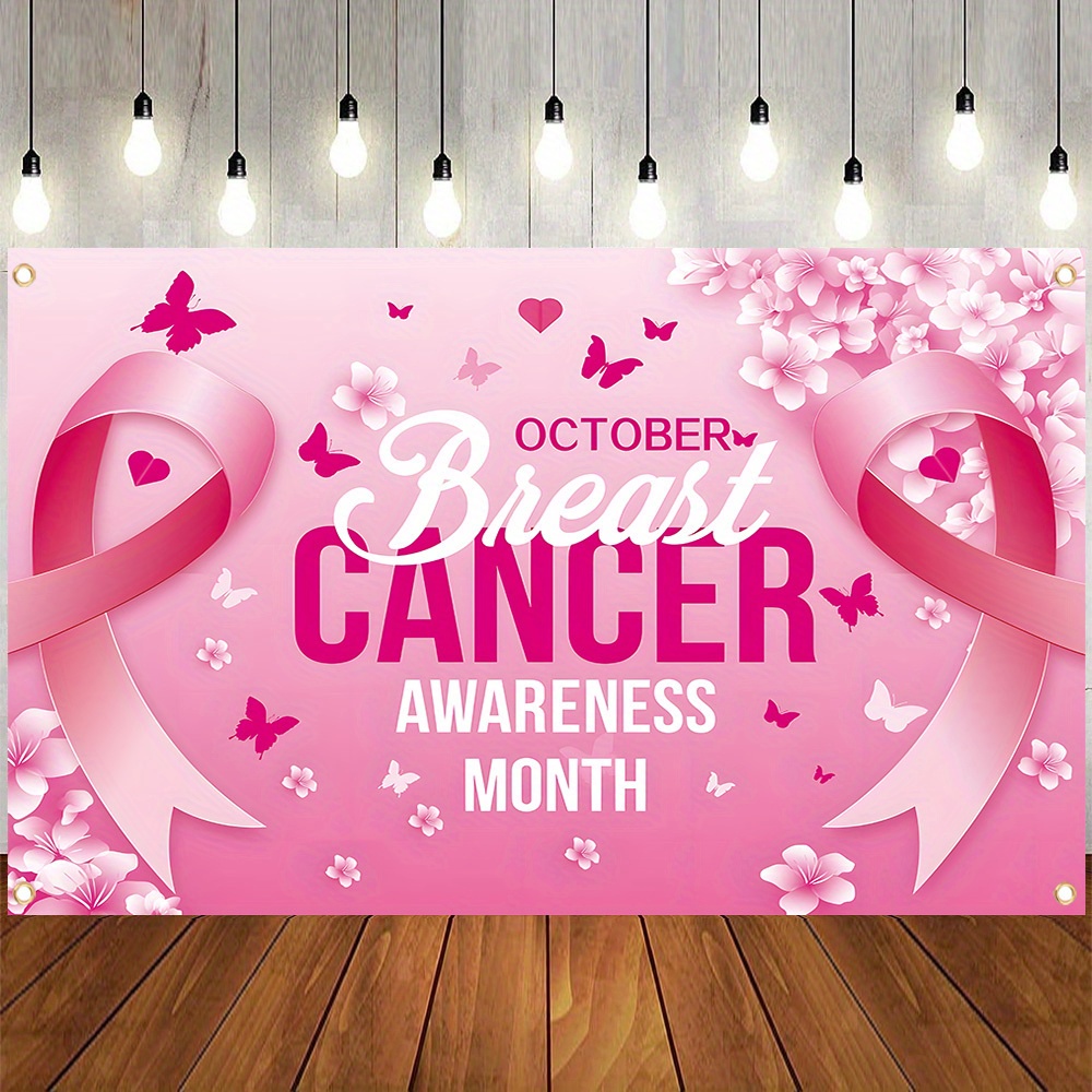 

1pc, Breast Cancer Awareness Month Background Banner, Polyester, Ribbon Hope Strength Courage Banner Photography Backdrop, Party Decoration Photo Booth Studio Prop