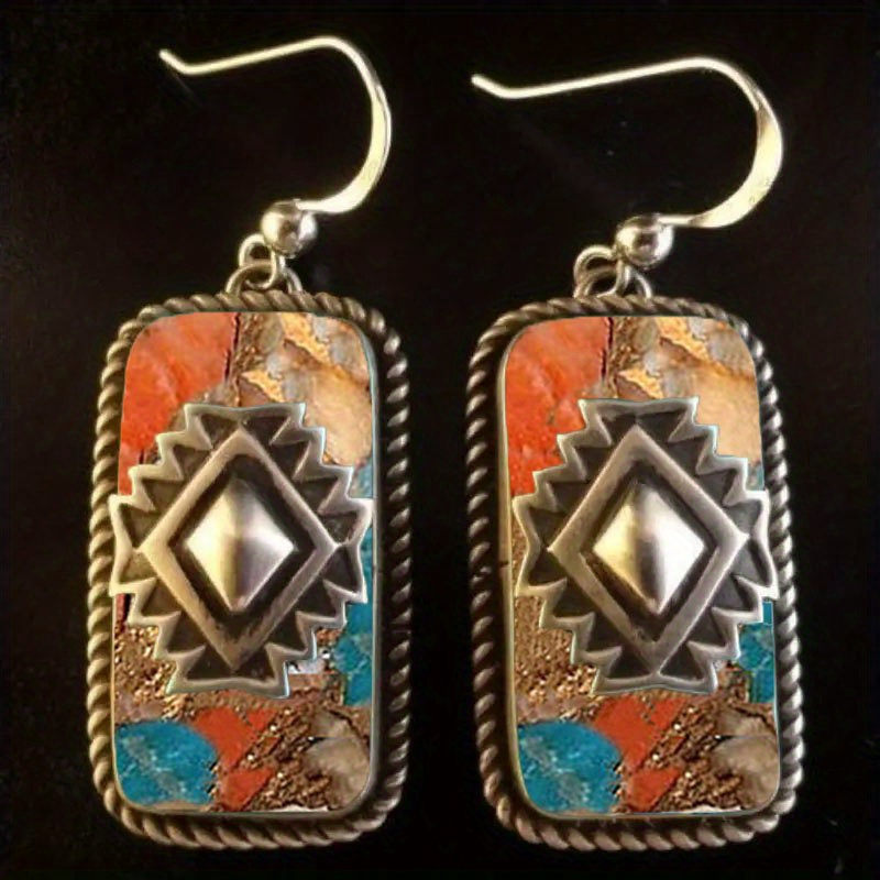 

2pcs Retro Bohemian Blue Turquoise Like Resin Square Dangle Earrings For Men And Women