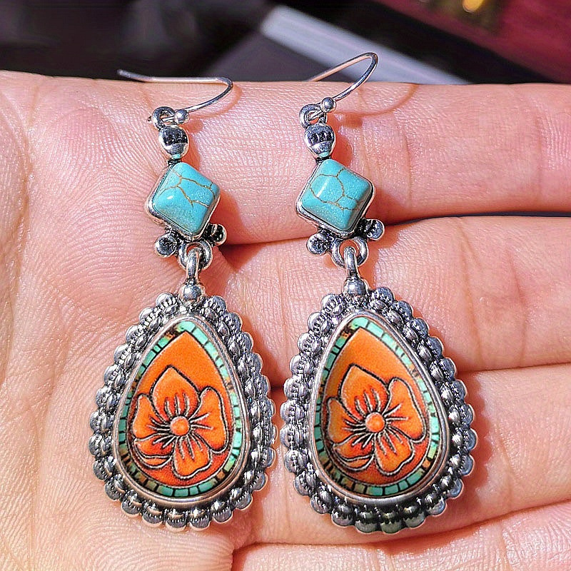 

2pcs Fashion Bohemian Flower Pattern Water Drop Shaped Dangle Earrings, Birthday Anniversary Gift For Lovers