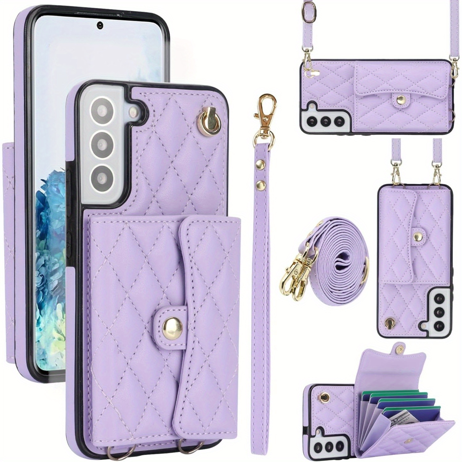 

Phone Case For Samsung Galaxy S22/s22plus/s22ultra Wallet Cover With Stand Rfid Card Holder Slot Wrist Crossbody Strap Lanyard S22+5g S22plus 22s + S 22 22+ Women Girls Purple