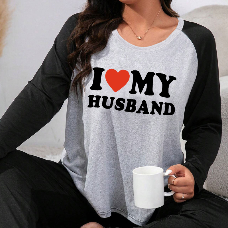 

Cozy Plus Size Women's Pajama Set With 'i Love My Husband' Print - Long Sleeve & Pants, Stretchy Polyester , Machine Washable