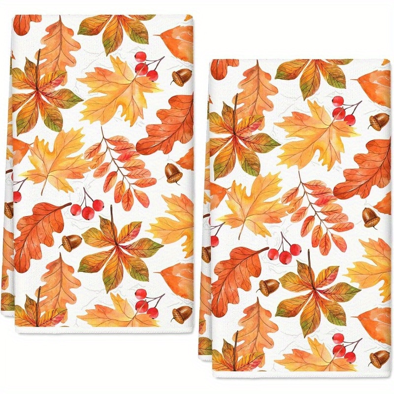 

2-piece Set Autumn Leaf Kitchen Towels, 18x26 Inches, Watercolor Maple Leaf Dish Towels, Soft Polyester, Contemporary Style, Machine Washable, For Thanksgiving Cooking & Baking