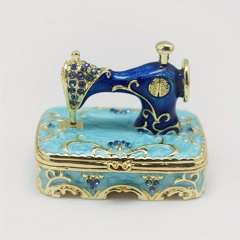 

Vintage-style Decorative Sewing Machine Figurine Jewelry Box, Enamel Art With Rhinestones, Magnetic Closure, Metal Tabletop Ornament, No Power Required