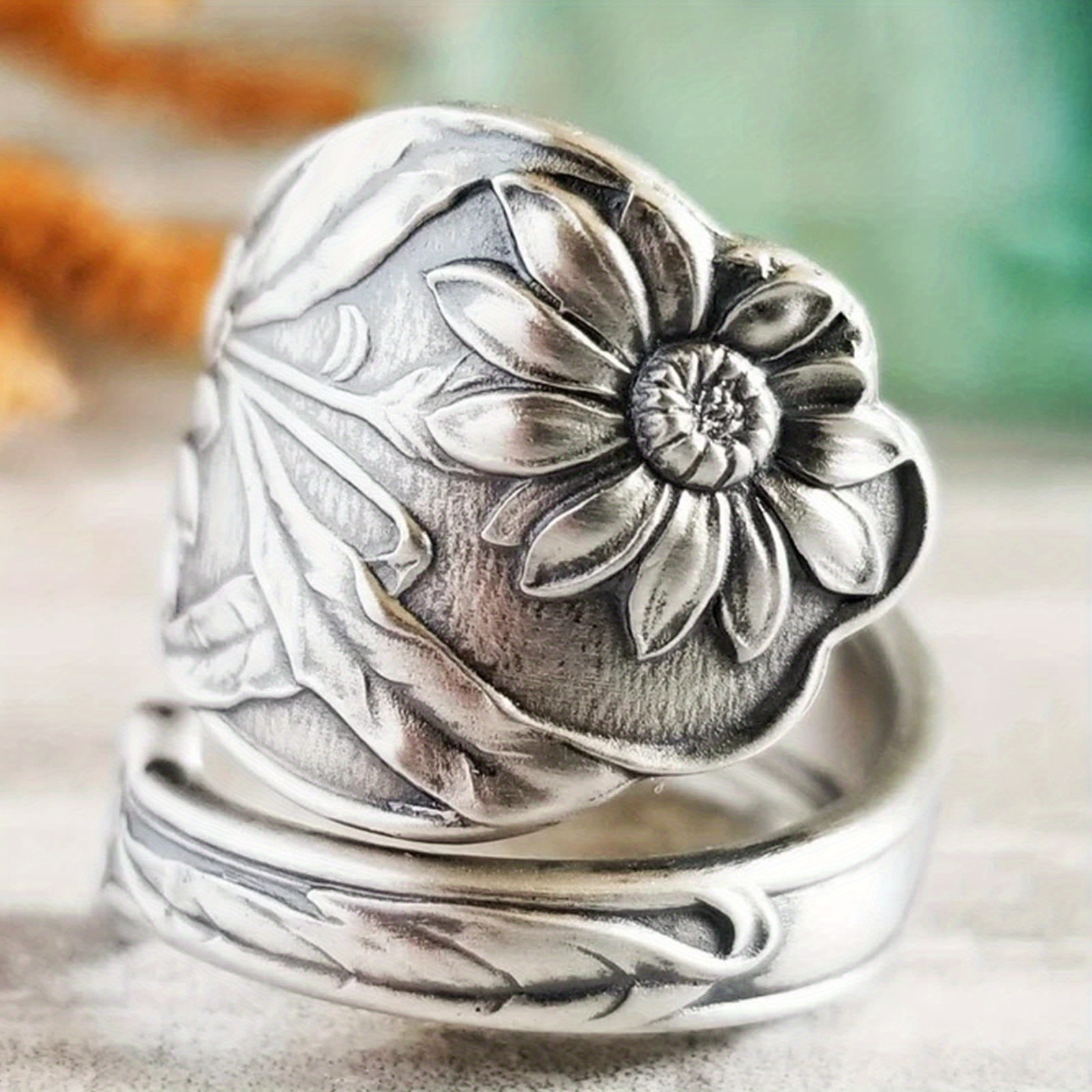 

1pc Vintage Daisy Ring Spoon Ring Carve Flower Open Ring Wedding Jewelry Valentine's Day Gifts