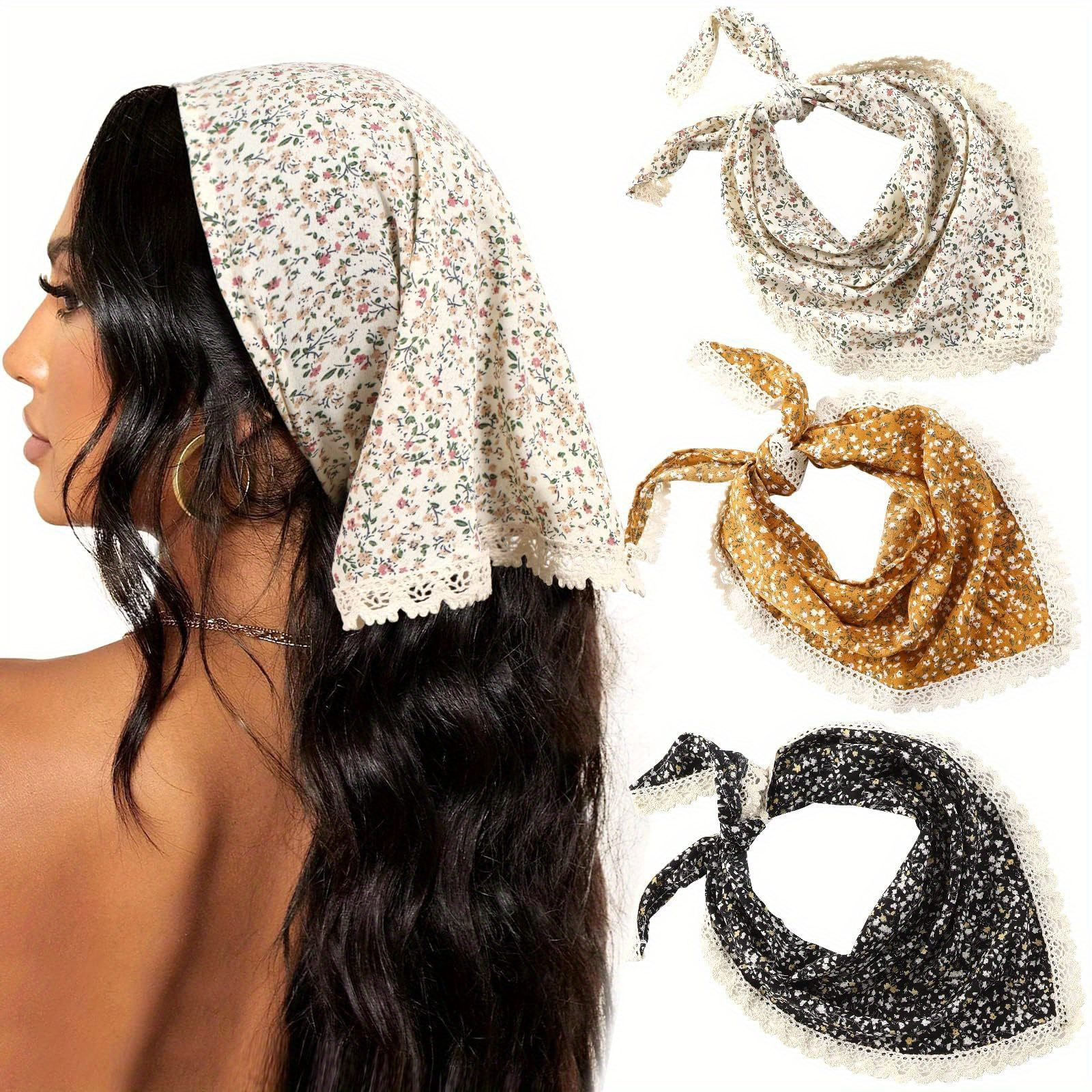 

3pcs Floral Hair Bandanas Chiffon Head Kerchief For Women Boho Hair Scarf Headband Bandana Daisy Lace Head Scarf