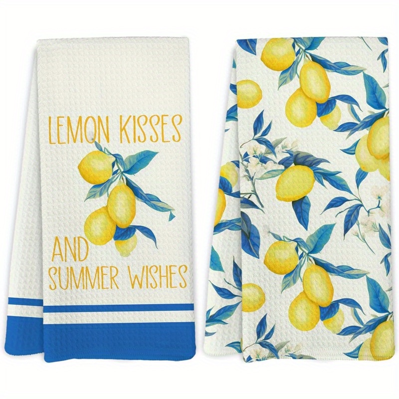 

2-piece Set Lemon Print Kitchen Towels - Ultra Soft, Machine Washable Polyester Blend Dish Cloths For Home Decor & Bathroom Use, 18x26 Inches