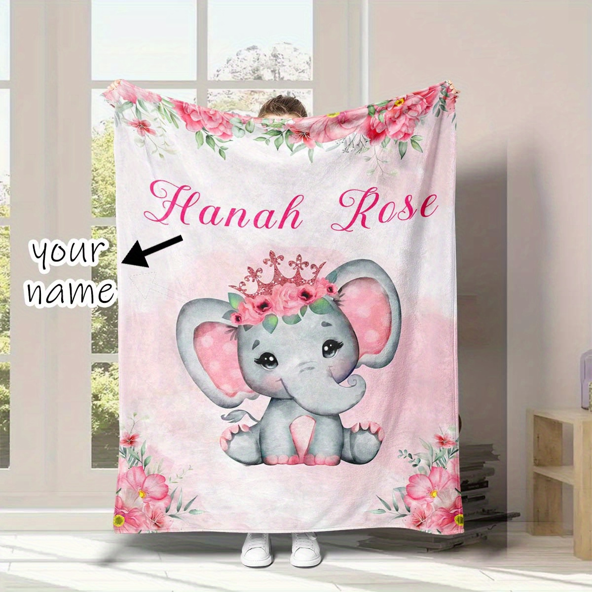 

Customizable Cute Smiling Elephant With Pink Crown & Floral Flannel Blanket - Soft, Comfort For Camping, Birthday, Holiday Gifts - Machine Washable