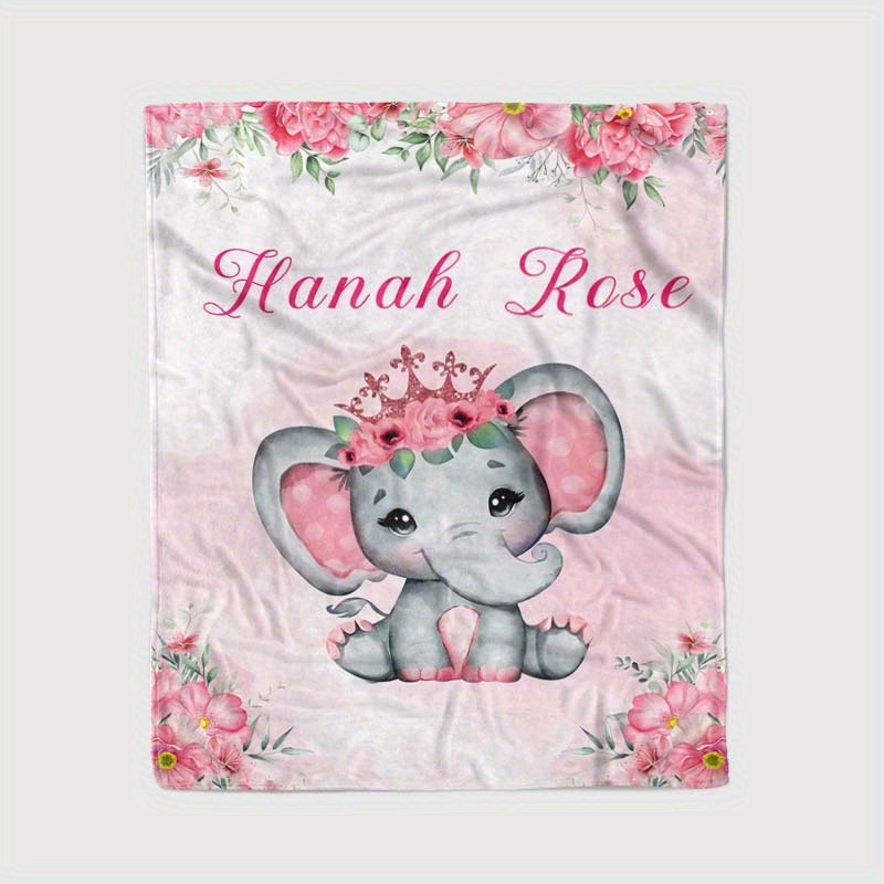 TEMU Customizable Cute Smiling Elephant With Pink Crown & Floral Flannel Blanket - Soft, Comfort For Camping, Birthday, Holiday Gifts - Machine Washable